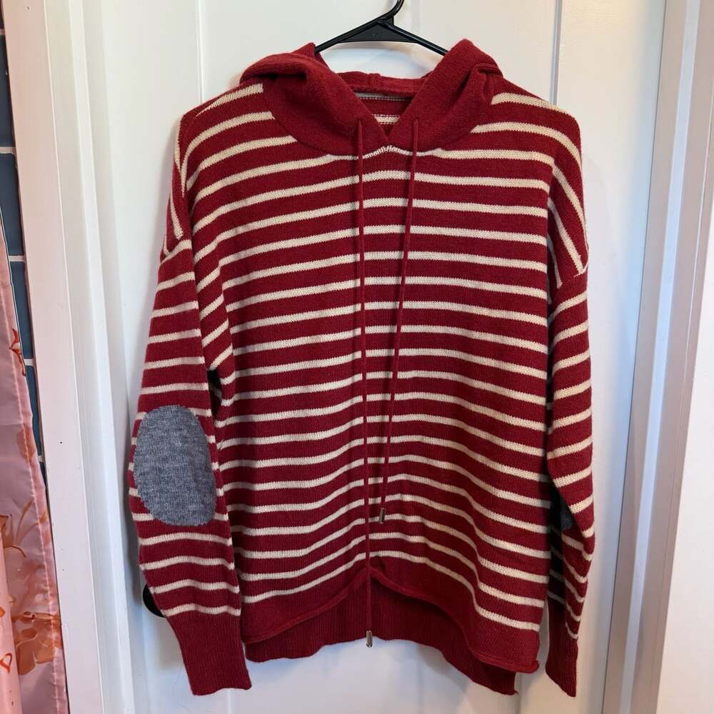 Red and White Striped Knitted Hoodie Sweater with Elbow Patches